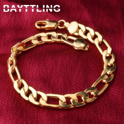 BAYTTLING 925 Sterling Silver 8MM Full Side Chain Bracelet For Woman Men Gold Figaro Bracelet Fashion Jewelry Wedding Gift