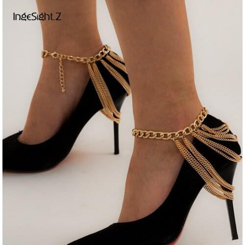 IngeSight.Z Multi Layered Link Chain Tassel Bracelets Anklets for Women Punk Gold Color Anklets On Foot Barefoot Sandals Jewelry