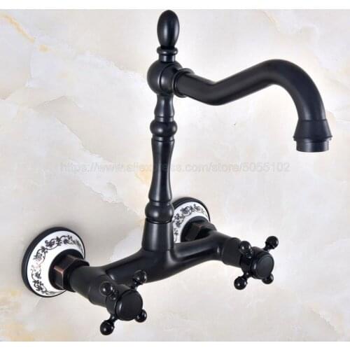 Oil Rubbed Bronze Dual Handles Bathroom Kitchen Sink Faucets Wall Mounted Swivel Spout Two Holes Kitchen Mixer Taps znf815