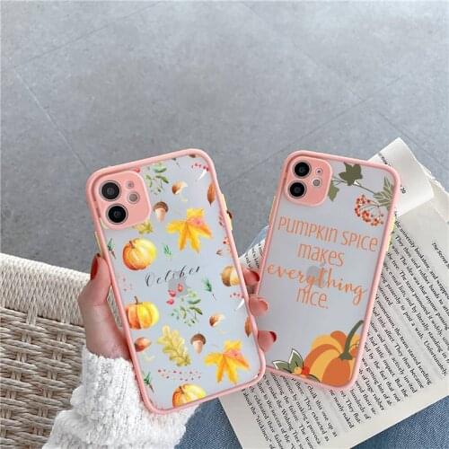 Pumpkin Happy Autumn Phone Case For iPhone 12 11 Mini Pro XR XS Max 7 8 Plus X Matte transparent Pink Back Cover
