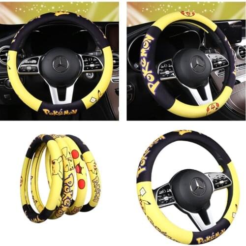Pokemon Pikachu 38cm Car Steering Wheel Cover Korea Cartoon Animation Cute Four Seasons Universal D-cover Non-slip Short Plush
