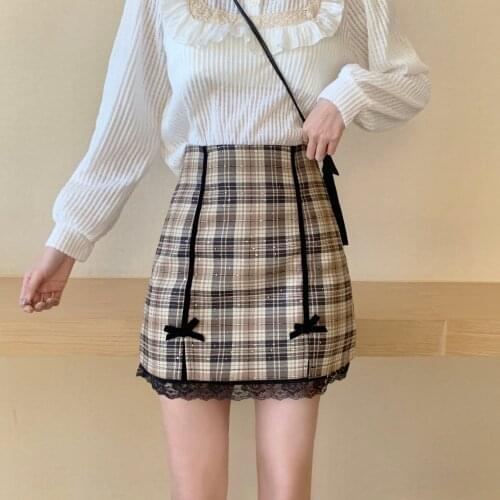 Womens Plaid Bow Short Skirt Kawaii Skirt Lace Stitching Zipper Chic Skirt New A-line Skirt Female High Waist Bag Hip Skirt