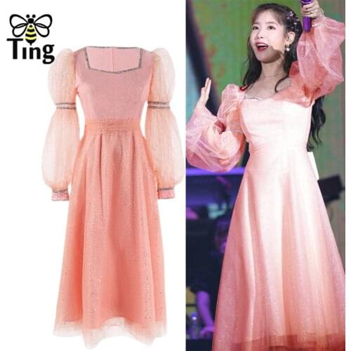 Tingfly Sweet Korean A Line Dress Fashion Glitter Mesh Ball Gown Midi Long Dress Puff Sleeve Summer Dress Women Elbise Clothing