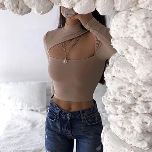 Fashion Spring Womens Hollow Cropped Tops Trendy Turtleneck Long Sleeve Nude Girls Sexy Slim Tops T-shirt