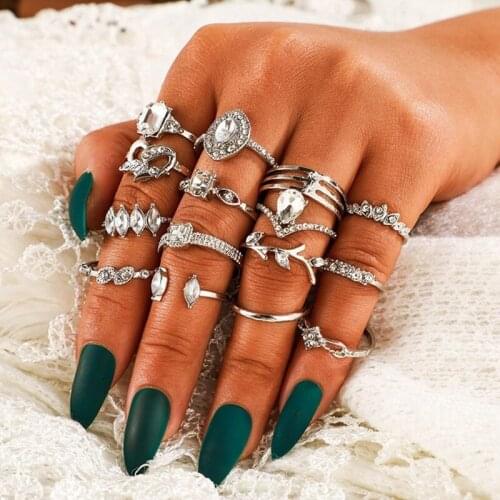 2020 New 15Pcs/Set Boho Drop Crystal Leaves Hollow Heart Ring Set Fashion Flower Vine Gemotric Finger Rings Jewelry