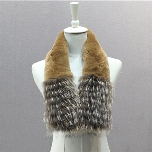 IANLAN New Winter Solid Wraps Magnet Closure Womens Full-pelt Rex Rabbit Fur Scarves with Raccoon Fur Trimming Mufflers IL00523