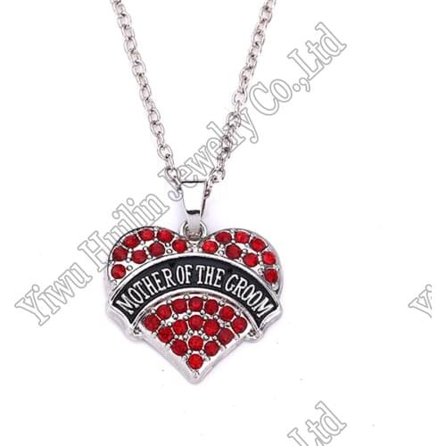 New Arrival rhodium plated zinc studded with sparkling crystals MOTHER OF THE GROOM heart pendant chain necklace High Quality