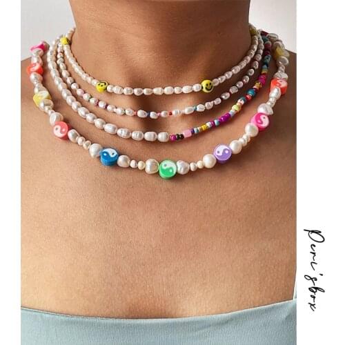 Perisbox Barquoe Freshwater Pearl Rainbow Beaded Choker Necklace Seed Beads Smiley Ying Yang Evil Eye Necklaces Boho Summer