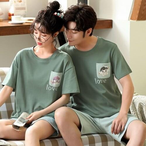 SLPBELY Couple Pajamas Set Pyjamas Summer Cotton Short Sleeve Cartoon Leisure Men And Women Nightwear Sleepwear Homewear Pijamas