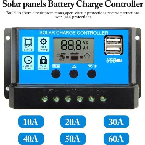 PWM 60A 50A 40A 30A 20A 10A Solar Charge and Discharge Controller 12V 24V Auto LCD Solar Regulator with Dual USB 5V NEW