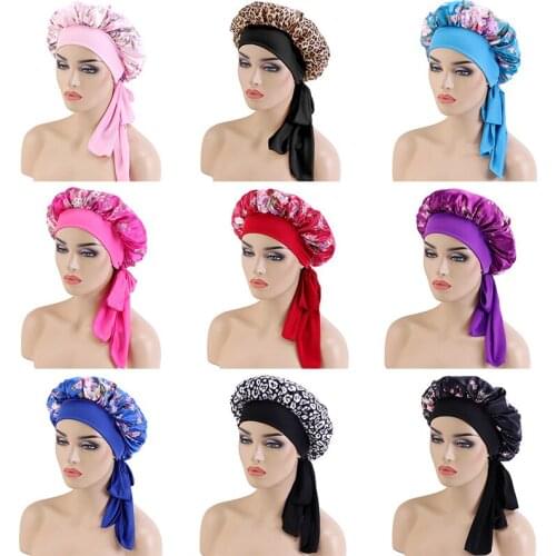 Pattern Satin Bonnet Wide Stretch Ties Long Hair Care Comfortable Lady Night Sleep Hat Adjust Hair Styling Cap Silk Head Wrap