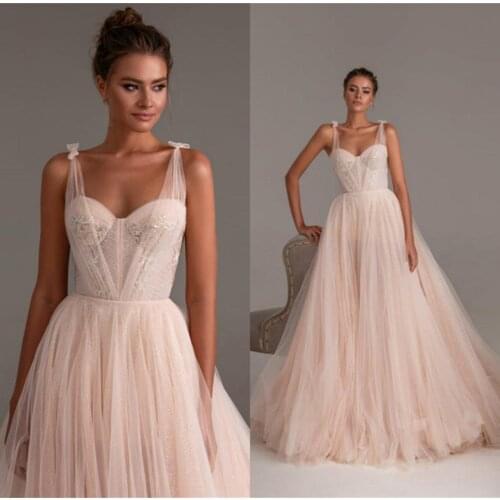 A Line Evening Dresses Straps Tulle Lace Sequins Sweep Train Formal Party Dress Event Receiption Gowns