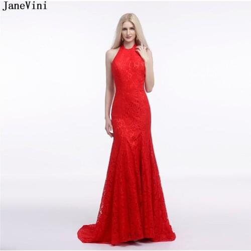JaneVini 2019 Vintage Lace Mermaid Long Bridesmaid Dresses Halter Backless Sweep Train Women Red Arabic Prom Gowns Formal Wear