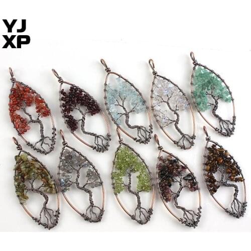 YJXP 1 Pcs Vintage Copper Marquise Shape Chain Necklace for Women Gravel Chip Stone Tree of Life Pendant Necklace Amulte Jewelry