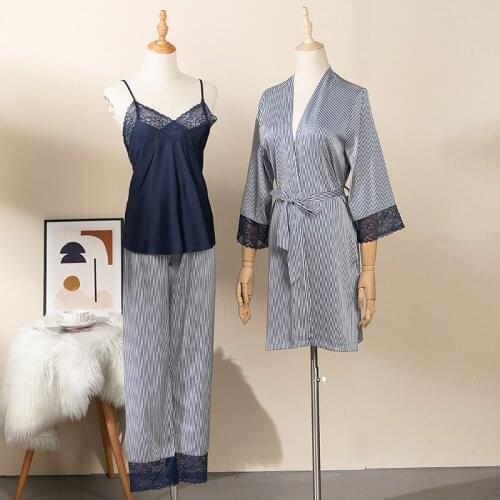 Womens 3PC Pajamas Sleepwear Sets Spring Autumn Home Wear Satin Striped Print Nightwear Robe Bath Gown M-XL