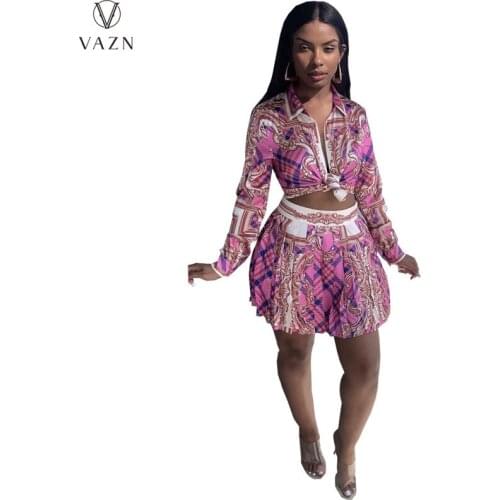 VAZN 2021 Women Fashion New Sexy Holiday Style Long Sleeve Dew Waist Top Elastic Mini Short Skirt Printed Dress Two Piece Sets