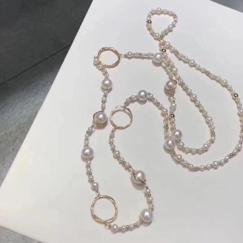 Hot sell gold handmade jewelry,natural white genuine pearl beaded handmade long sweater necklace 70cm can customize length