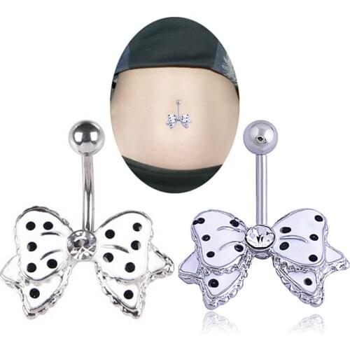 1PCS Trendy Black Dot White Bowknot Crystal Navel Belly Button Barbell Ring Body Piercing New