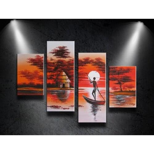 100%Hand Painted 4 pcs/set Art Africa Harvest Landscape Wall Rowing Oil Painting On Canvas Abstract Home Decorative Art work