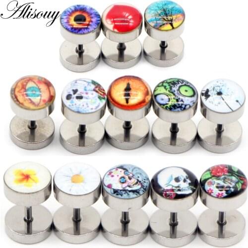 Alisouy 2pcs Unisex Cartoon Style Barbell Stainless Steel Men Earrings Punk Piercing Ear Stud Women Jewelry Best Earing