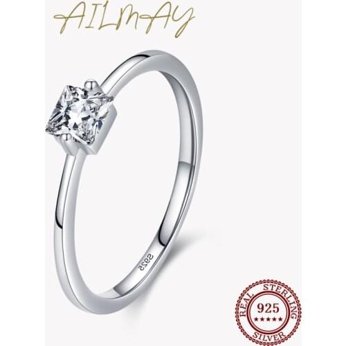 Ailmay Genuine 925 Sterling Silver Fashion Square Finger Rings for Women Elegant Rings Clear CZ Fine Female Exquisite Jewelry
