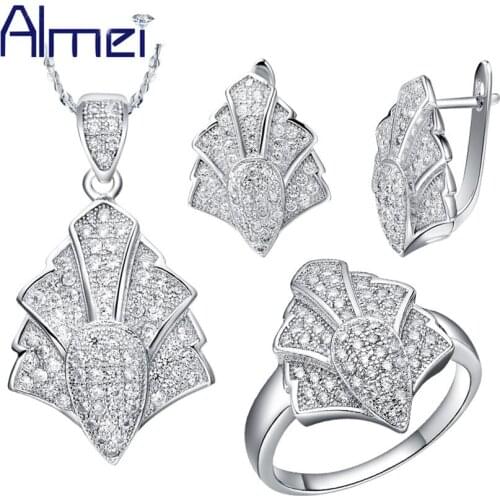 Almei Indian Bridal Fashion Zircon Jewelry Sets Vintage Unique Necklace Earrings Women Silver Color Micro Pave Ring Leaf T049