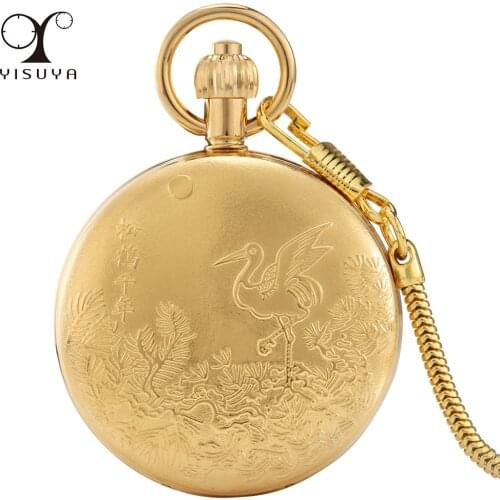 Crane Pattern Display Automatic Mechanical Pocket Watch Luxury Gold Copper Retro Pendant Clock Exquisite Self Winding Timepiece