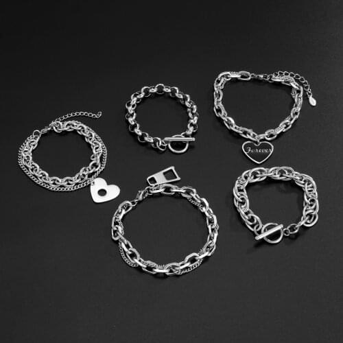 KunJoe Fashion Simple Stainless Steel Silver Color Link Chain Bracelet for Women Punk Cuban OT Buckle Bracelet Wristband Jewelry