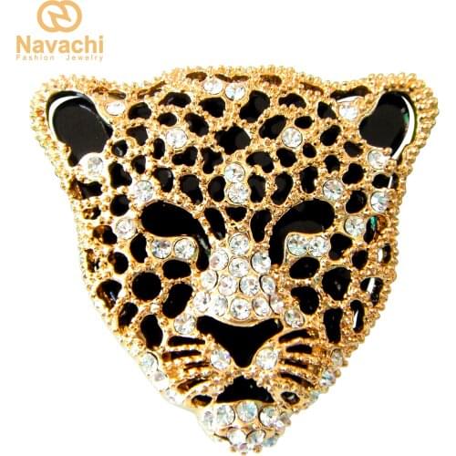 Navachi Cheetah Leopard Head Crystal Enamel Hollow-out Brooch Pin SMT7627