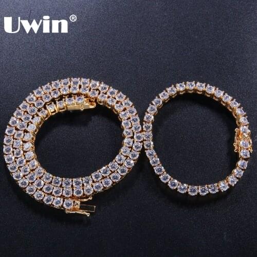 Uwin 5mm Iced Out Cubic Zirconia Tennis Chains Necklace & Bracelets Set Gold Silver Color Fashion Hiphop Jewelry