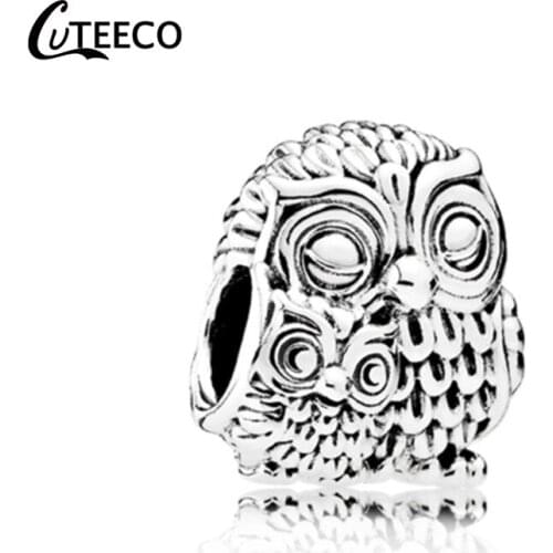 CUTEECO Realistic Double Owl Mother And Child Alloy Animal Big Hole Beads Fit Brand Charm Bracelet Necklace For Women Jewelry