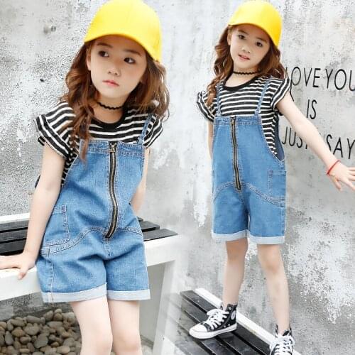 Children Girl Kids Casual Summer Clothing Set Striped Short Sleeve T-shirt+ Denim Overalls Shorts, Kids Girls Jeans Suits 4-14T