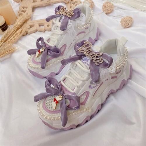 Japanese sweet lolita shoes purple bowknot cute platform shoes Japanese girl lace up sneakers college style cosplay cos