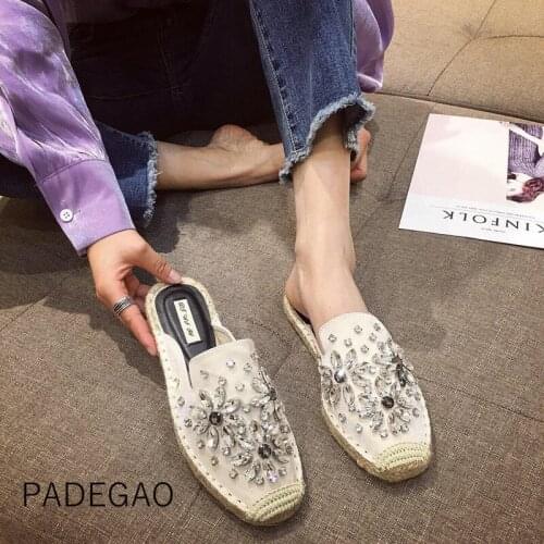 2020 Fashion Elegant Crystal Women Slippers Korean Style Beading Silk Patchwork Women Slippers