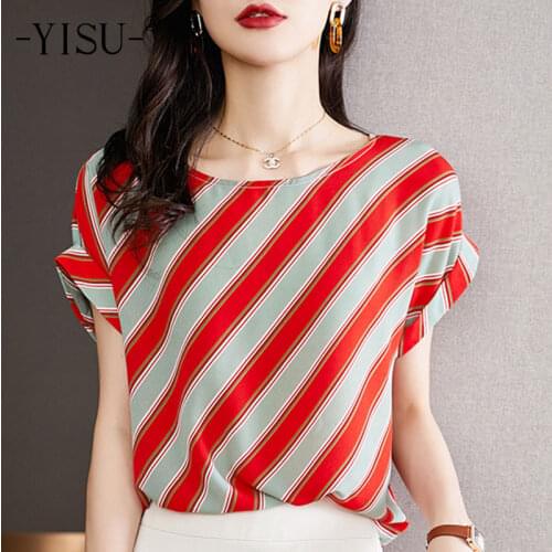 YISU Fashion Summer clothes for women Loose Stitching color stripe Summer tops Short sleeve Jumper Casual Knitted Thin T-shirt
