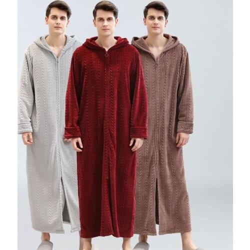 Men bathrobe plus fertilizer to increase home service winter flannel pajamas plus velvet zipper hooded bathrobe mens nightgown