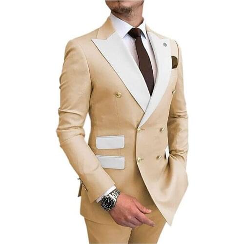 Champagne Men Suits Double Breasted 2020 Latest Design Gold Button Groom Wedding Tuxedos Best Costume Homme 2 Pieces