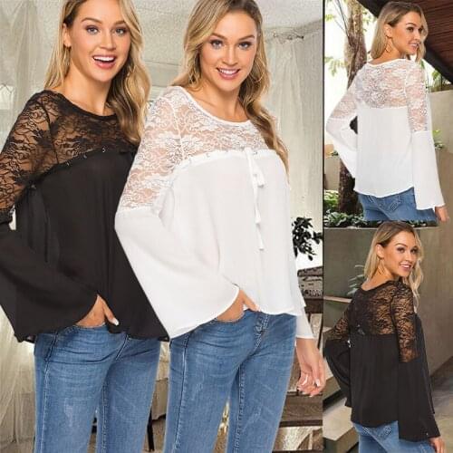New Fashion Women Lace Patchwork Long Sleeve Embroidery Floral Lace Drawstring Crochet Tee Shirt Tops Blouse