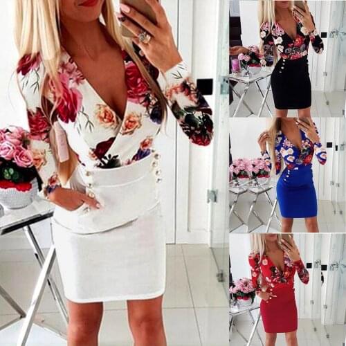 Autumn Women Bodycon Dress Patchwork Design Button Decor Pocket V-Neck Long Sleeve Flower Print Lady Slim Mini Dresses vestidos