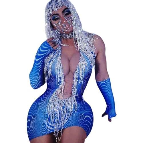 Striped Printing Shining Tassel Above Knee Mini Dress Embellished Rhinestones Costume Ladies Nightclub Performance Clothing