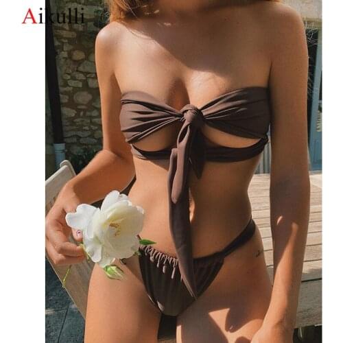 Sexy Hollow Out Bikinis Swimsuits Women Strapless Bandage Swimwear Push up Bqiuini Bathing Suits 2021 New Solid Color Bikini Set