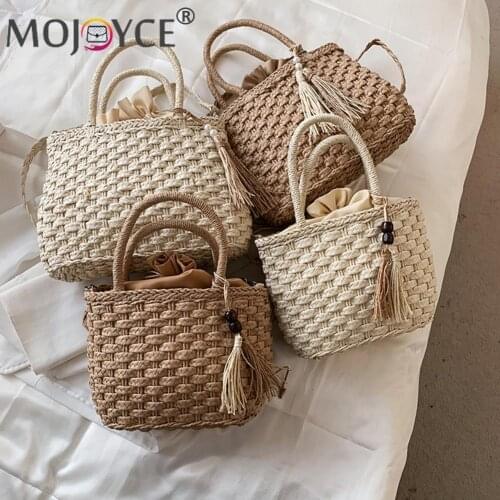 Retro Summer Woven Messenger Bag Women Beach Vacation Tassel Large Shoulder Bags Travel Beach Bucket Women Fashion Handbags