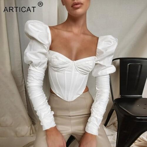 Articat Deep Square Collar Cropped Sexy T Shirt Women Long Sleeve Pleated Elastic Casual Partywear New Women Winter Top