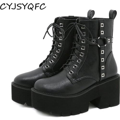 CYJSYQFC New Punk Cool Street Rivets High Platform Women Ankle Boots Autumn Winter Lace Up Thick Bottom Lady Boots Gothic Style