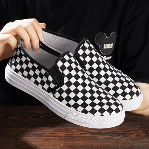 Korean Fashion Checkered Canvas Women Shoes Spring Autumn Harajuku Ulzzang Low-cut Students Flat Non-Slip Black Vulcanized Shoes