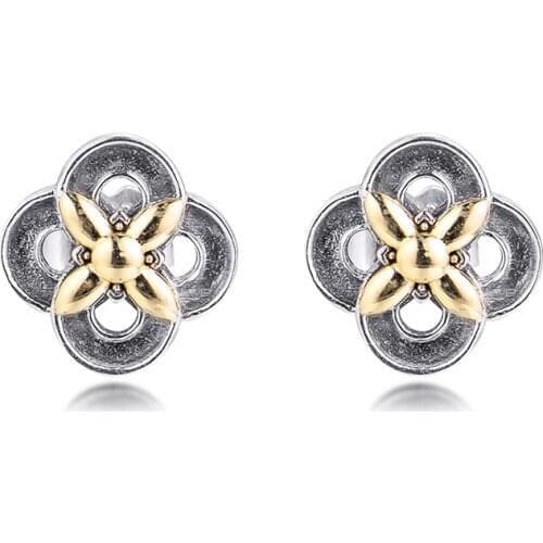 Authentic 925 Sterling Silver Two-tone Flower Stud Earrings for Women Ear Wedding Jewelry Gift Gold Plated Bijoux Brincos