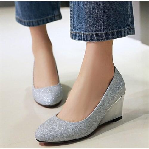 Wedge Pumps for Women Round Toe High Heels Bling Glitter Shoes Woman Golden Silver Party Wedding Shoes Bridal Big Size 9 42 43