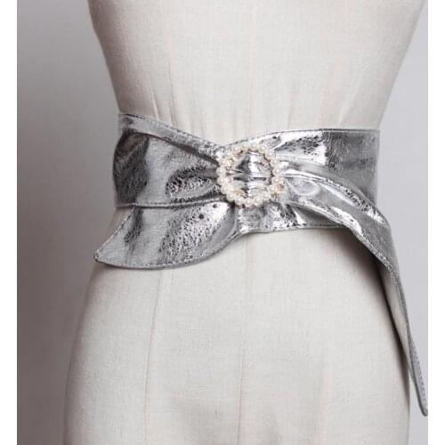 Womens runway fashion pearl PU leather elastic Cummerbunds female Dress coat Corsets Waistband Belts decoration wide belt R1795
