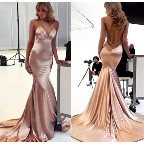 Sexy V-Neck Long Satin Mermaid Champagne Evening Dresses Sweep Train Floor Length Criss Cross Back Formal Party Gowns for Women