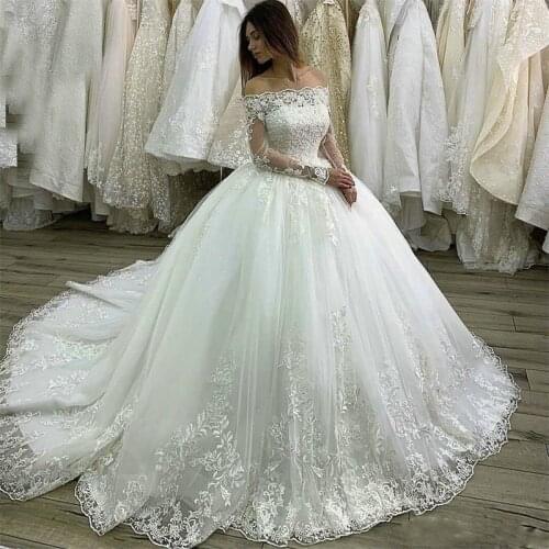 Wedding Dresses 2021 Lace Applique Bridal Gowns Custom Made Ball Gown Long Sleeve Off The Shoulder vestido de novia Princess